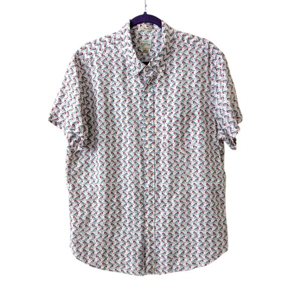 J. Crew 100% Linen Classic Short Sleeve Sz Large Bird Print White Shirt Preppy - Picture 1 of 9